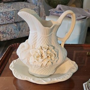 Elegant Cream Ceramic Pitcher and Plate Set